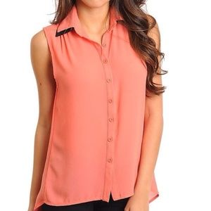 Coral Sleeveless Notched Collar Blouse